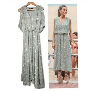NWT ZARA TEXTURED WEAVE MIDI POLKA DOT DRESS worn by QUEEN LETIZIA
